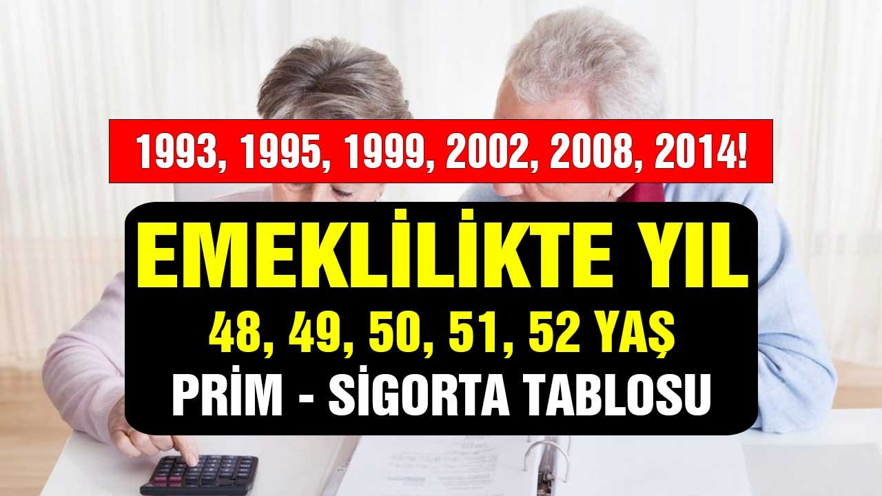 Emeklilikte yıl 48, 49, 50, 51, 52 yaş sigorta prim gün tablosu